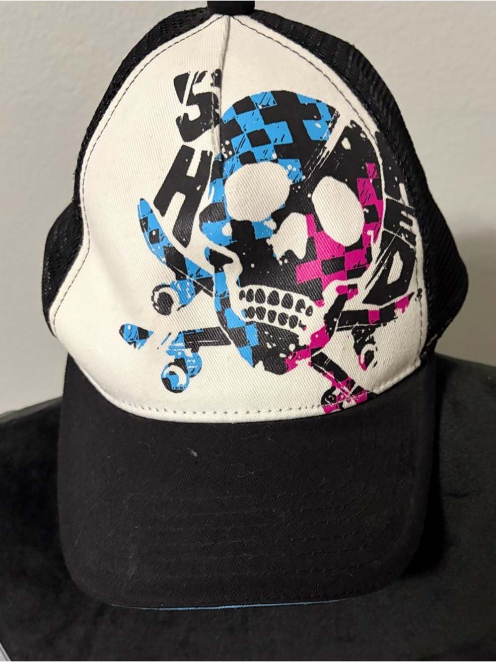 O'Neill Kids Black White Trucker Hat with Blue and Pink Skull Graphic